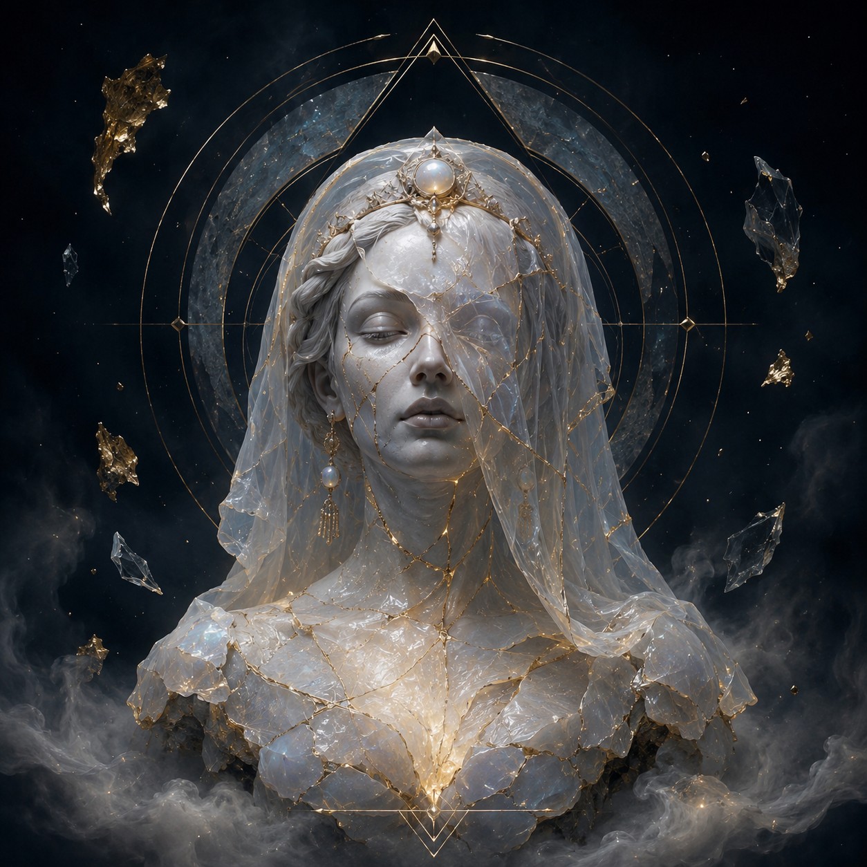 The Veiled Oracle, the first relic of LUMINARIA, her half-covered face marking the boundary between what is seen and what is known.