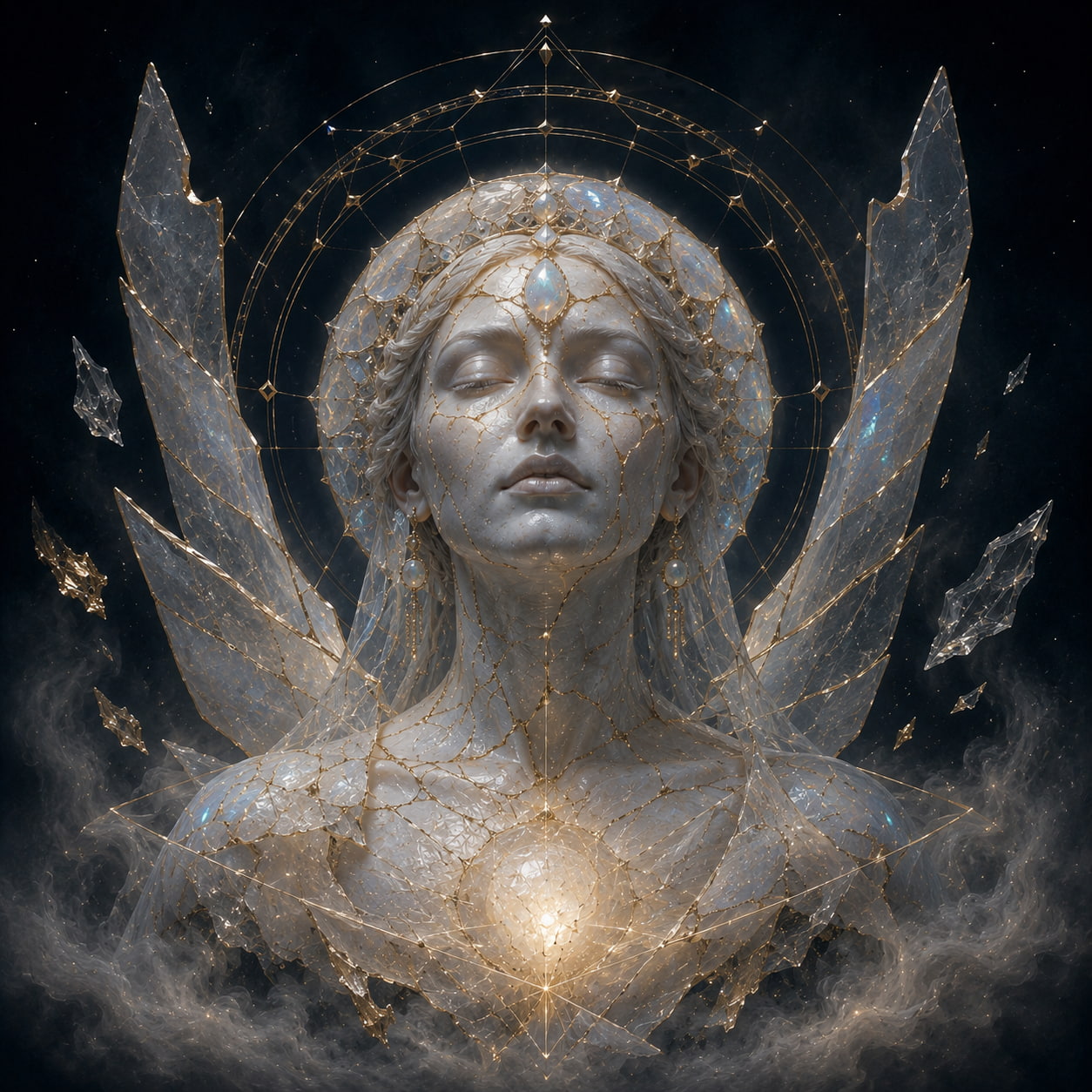 The Archive Angel, guardian of the lost digital archive, formed from opal, glass and sacred geometry.