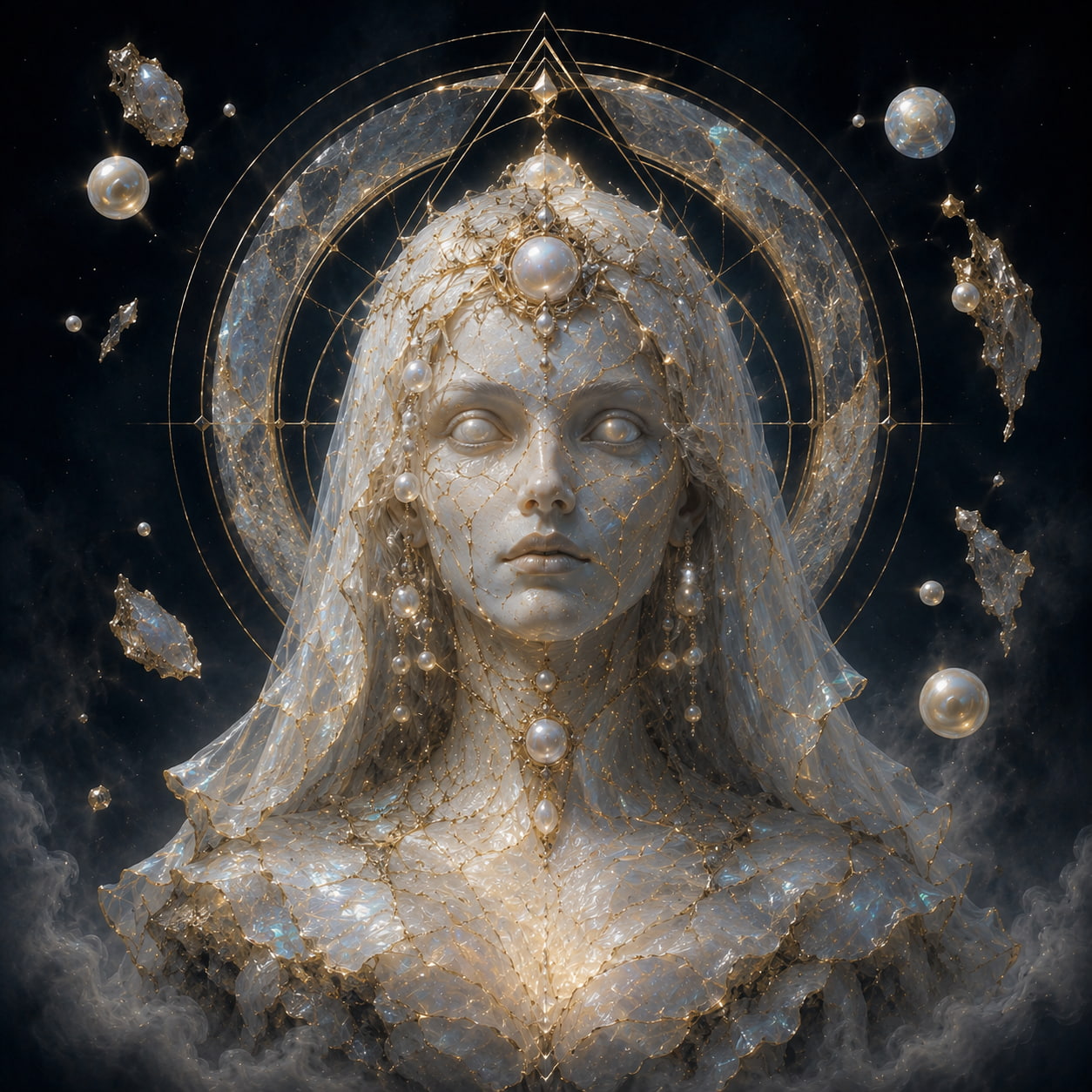The Pearl Oracle, a relic of luminous perception who sees without seeing, surrounded by floating pearls and golden fracture lines.